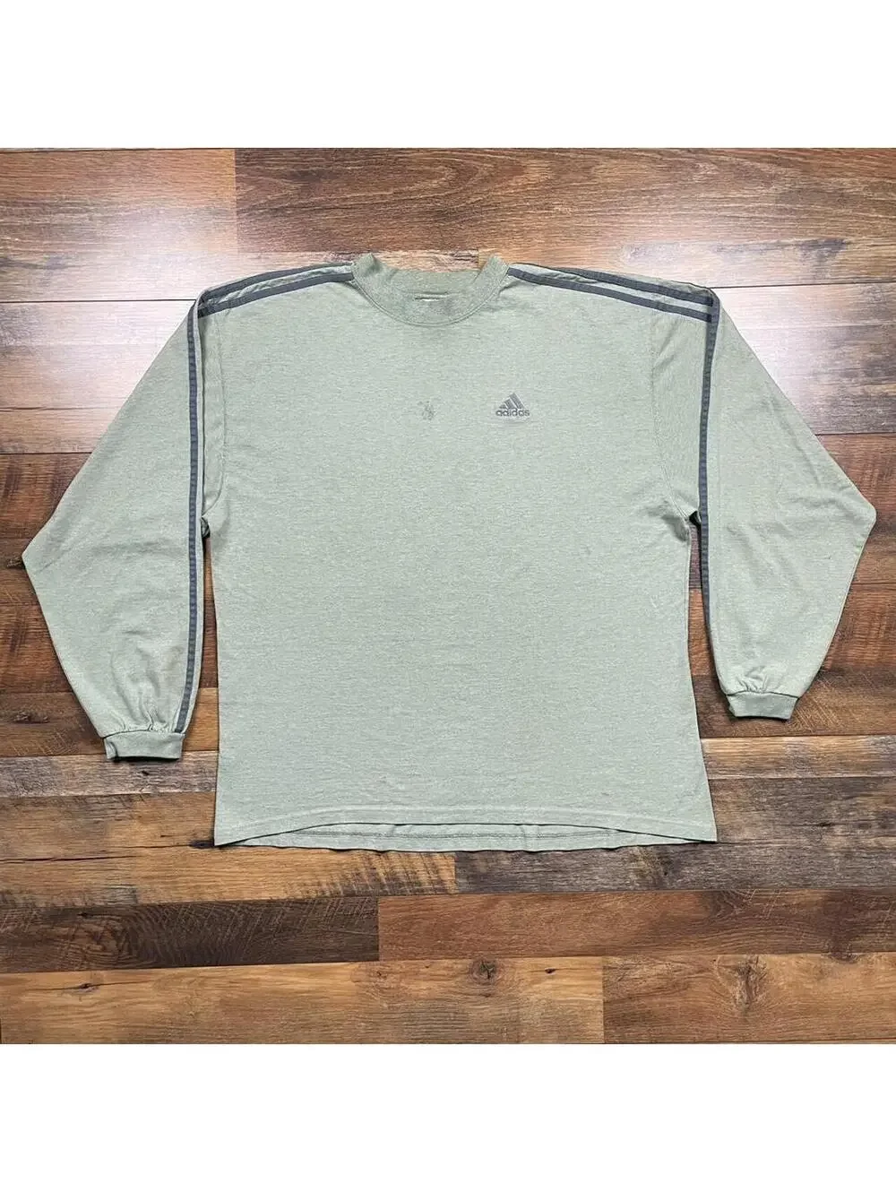 Vintage Adidas Shirt Size Large Green Gray Striped Long Sleeve Embroidered Logo